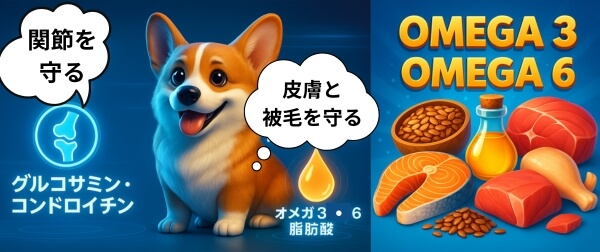 グルコサミンやオメガ脂肪酸で関節と毛並みを守るコーギーのイラスト