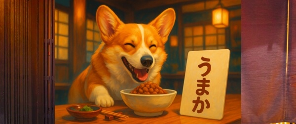 「うまか」と書かれた札とドッグフードを前に笑顔のコーギー