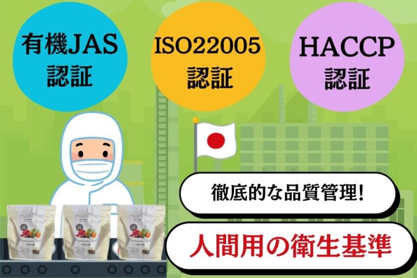 有機JAS・ISO22005・HACCP認証を受けた国内工場でミシュワンが製造されている様子を描いたイラスト